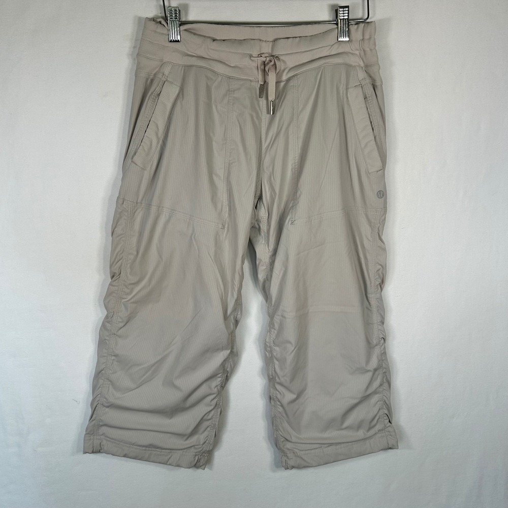 Lululemon Dance Studio Crop Pants Beige Pinstripe Ruched Athletic Women 8